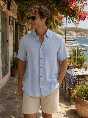 Casa Moda Shirt Sports‎ Linen Edition Button Front Light Blue Linen XL Mens